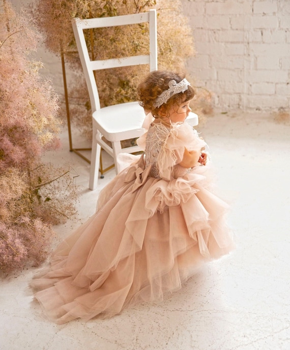 Peach 3D Lace Flower Tulle Off Shoulder Wedding Flower Girl Dress Kids –  Flower Girl Dresses