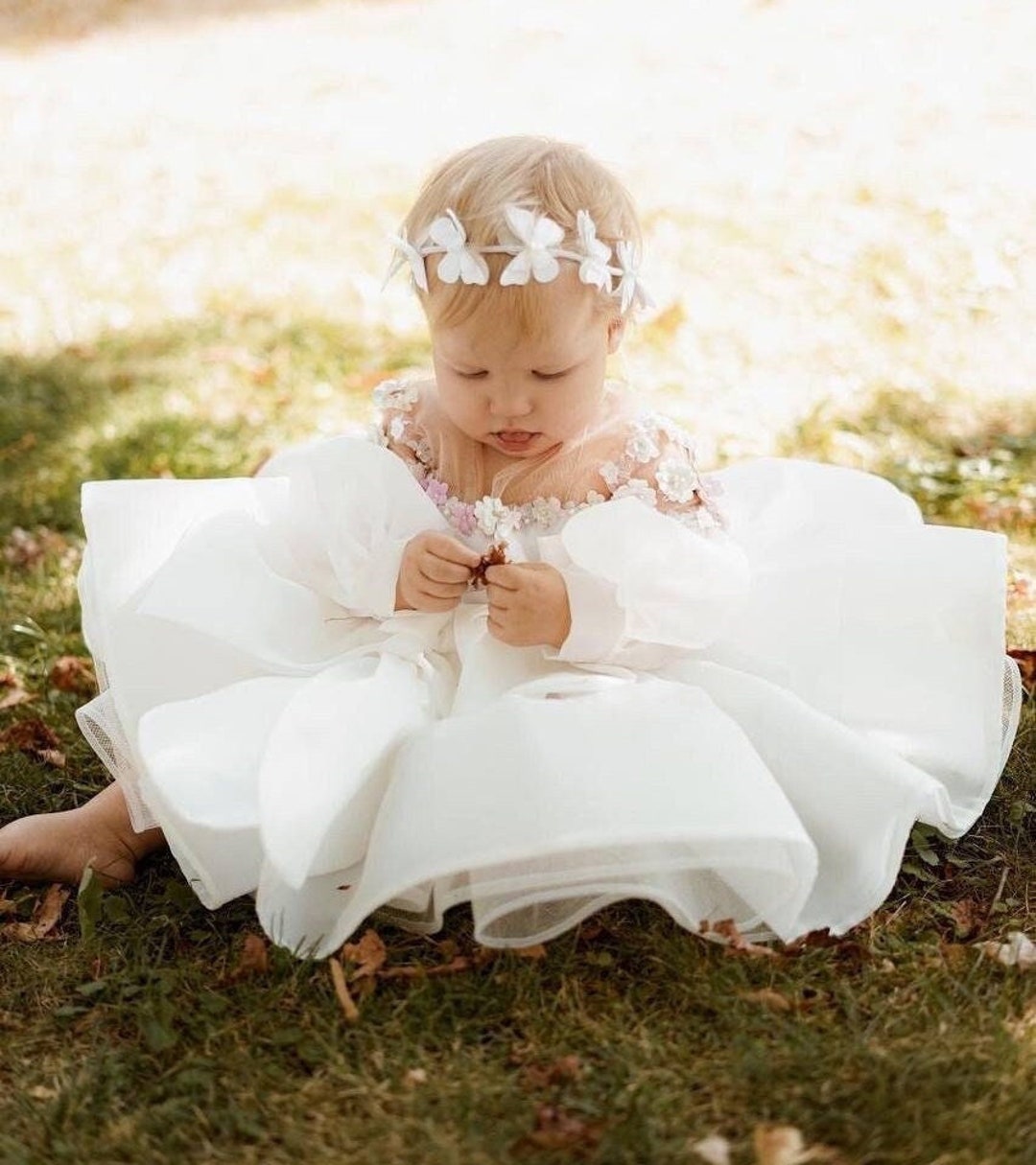 baby girl white dress White First Birthday Dress, Flower Girl Dress, Tutu Puffy Baby Dress, Long Sleeve, Floral Lace Toddler Gown, Special Occasion Kids Outfit
