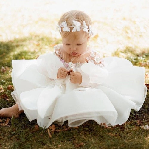 bebe white dress long sleeve White Silk Puff Sleeve Bow Dress