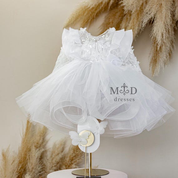 White Birthday Party Baby Dress, Flower Girl, Beads Embroidery