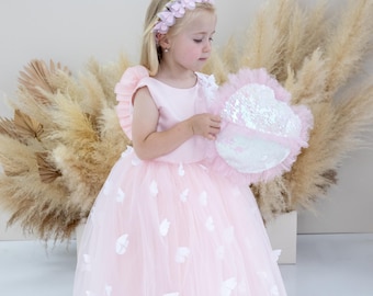 Pink Butterfly Birthday Baby Dress, Flower Girl Dress, Tulle Pageant Toddler Dress, Prom Gown, Maxi Dress, Special Occasion Dress, Baptism