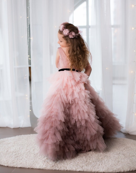 Flower girl dress with tulle and ribbon waist online