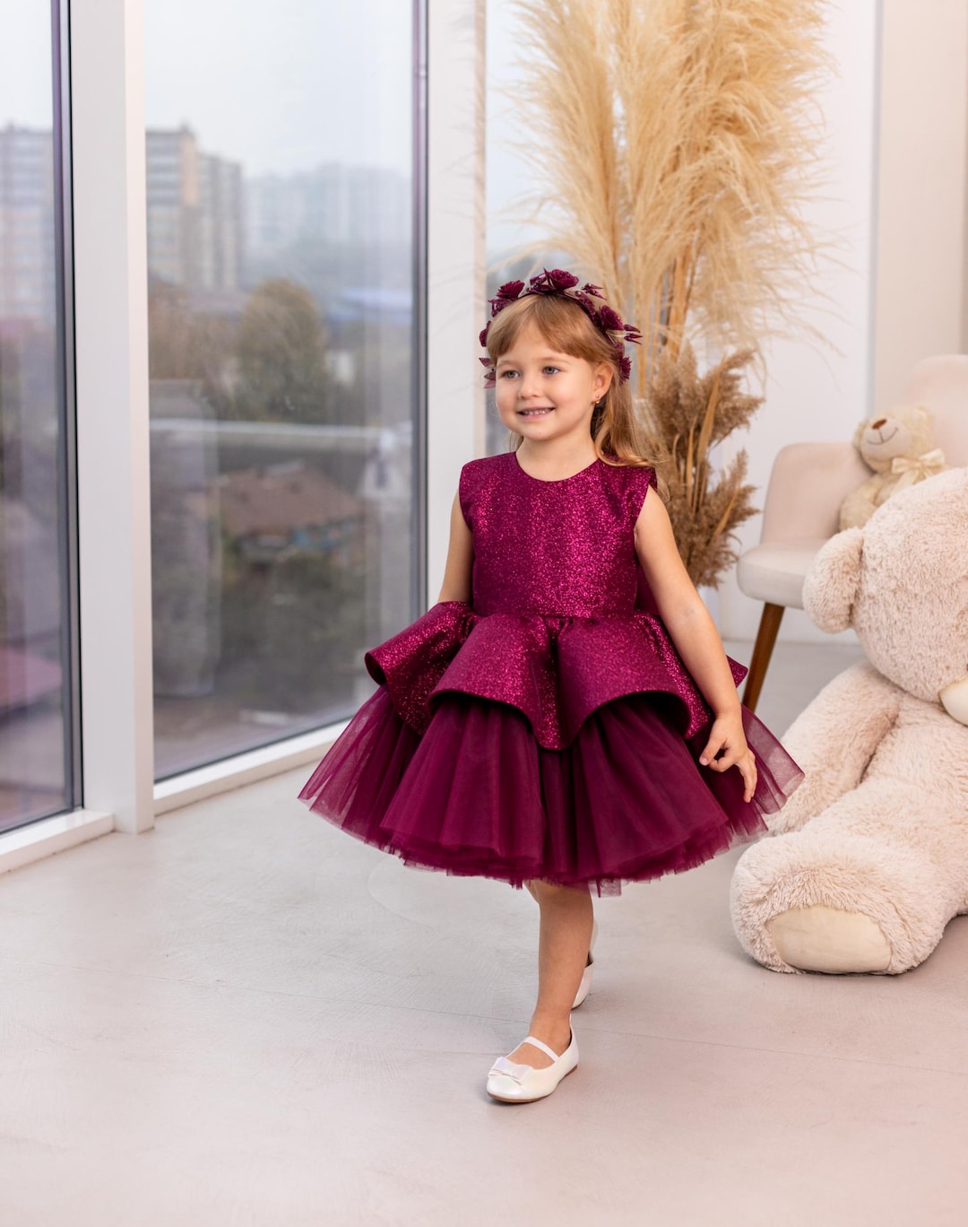 Burgundy Children Wedding Party Dress GACH055