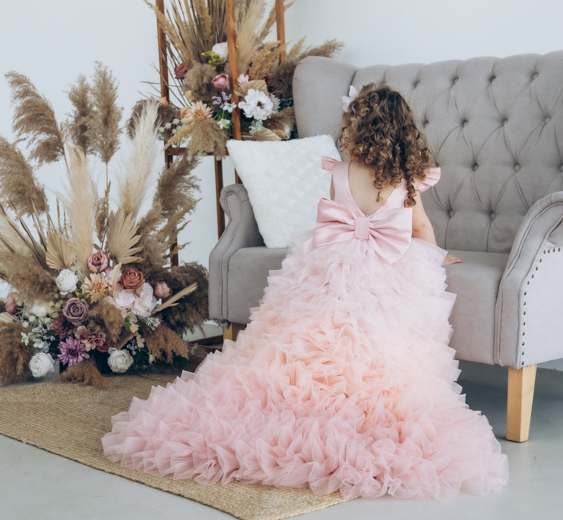 Long Party Wear Gown Baby Girl Princess Dress Pink Baby Party Dress Blush  Pink Birthday Baby Girl Gown, First Year Birthday Party