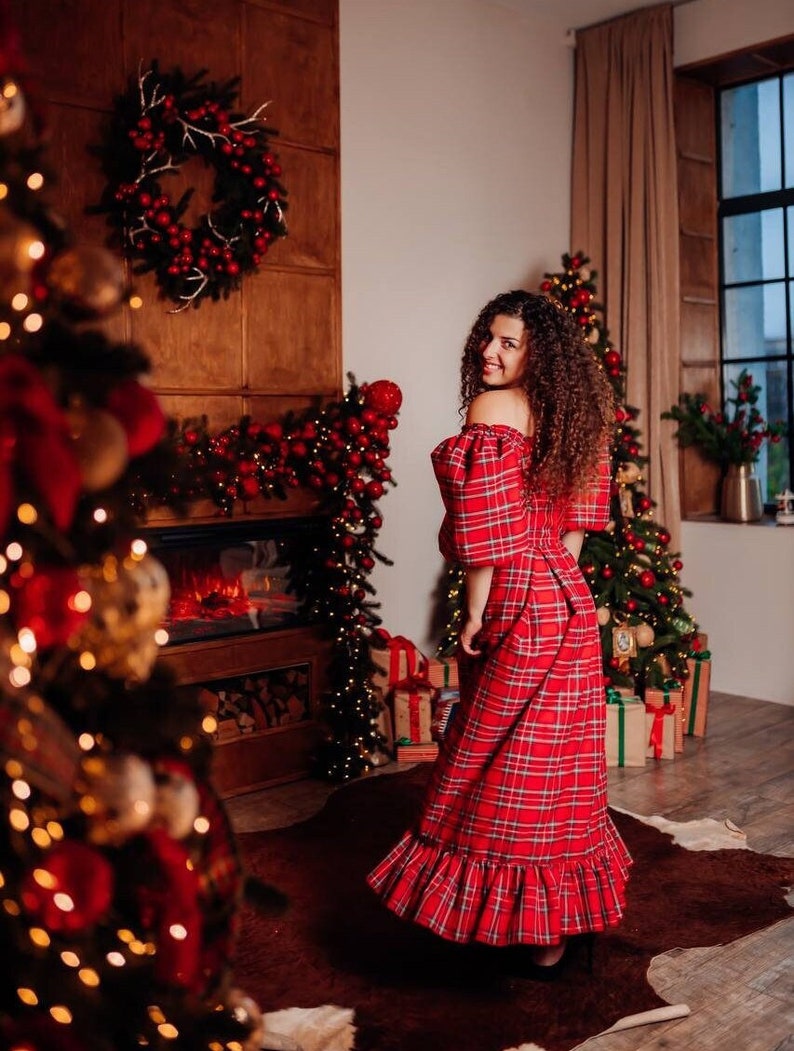 Red Plaid Christmas Dress Woman Maxi Dress Xmas Photoshoot Etsy