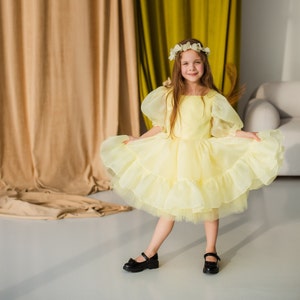 Yellow Birthday Girl Dress, Flower Girl Dress, Tutu Puffy Baby Dress, Christening Dress, Special Occasion Dress, Short Puffy Dress image 3