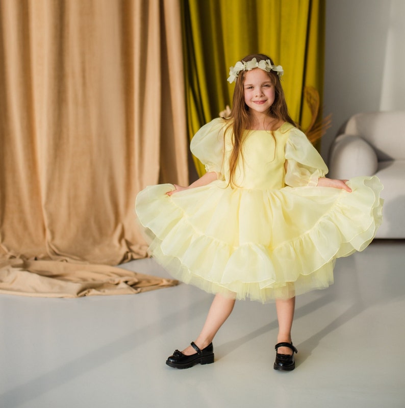 Yellow Birthday Girl Dress, Flower Girl Dress, Tutu Puffy Baby Dress, Christening Dress, Special Occasion Dress, Short Puffy Dress image 3
