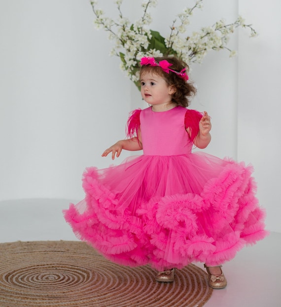 First Birthday Baby Girl Dress, Hot Pink Graduation, Feathers Sleeve, Smash Cake, Special Occasion, Princess Dress, Pageant, Puffy Tutu Gown