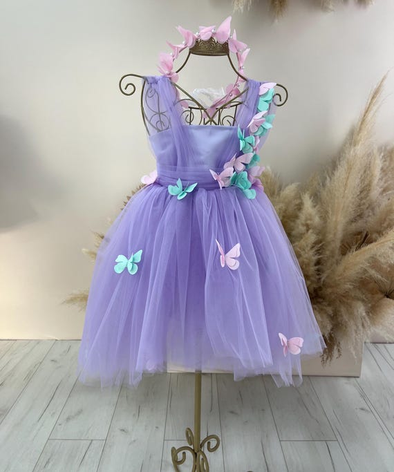 Butterfly Birthday Baby Girl Dress, READY TO SHIP, Lavender First Birthday Dress, Tutu Toddler Dress With Butterflies, 6-9, 12-18, High Low