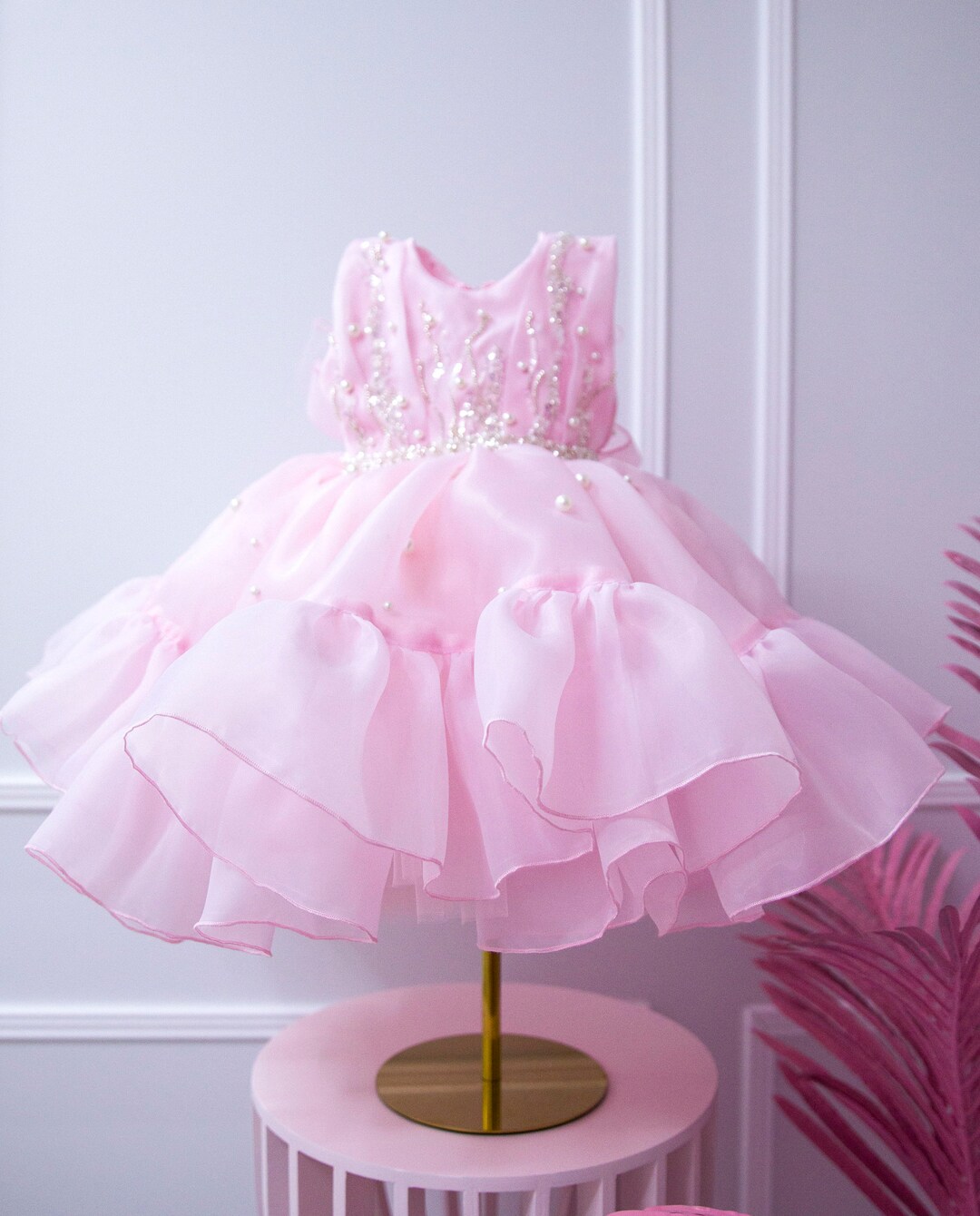 Pink First Birthday Dress, Flower Girl Dress, Pearls Toddler Dress