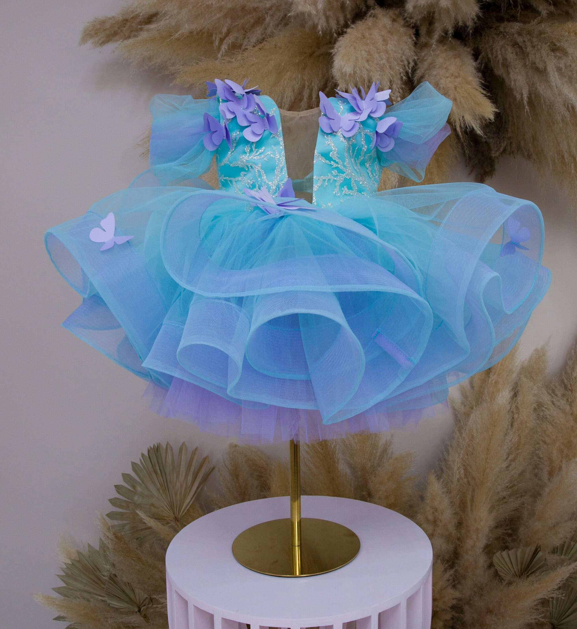Butterfly Birthday Baby Girl Dress, Lilac Blue Toddler Dress, Flower Girl Dress, Tutu Tulle Puffy 1st Birthday Dress, Special Occasion Dress