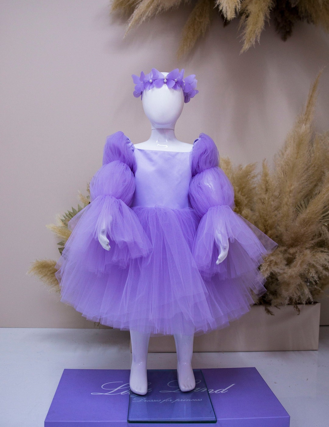 Lilac Birthday Party Girl Dress, Flower Girl Dress, Long Puffy Sleeve