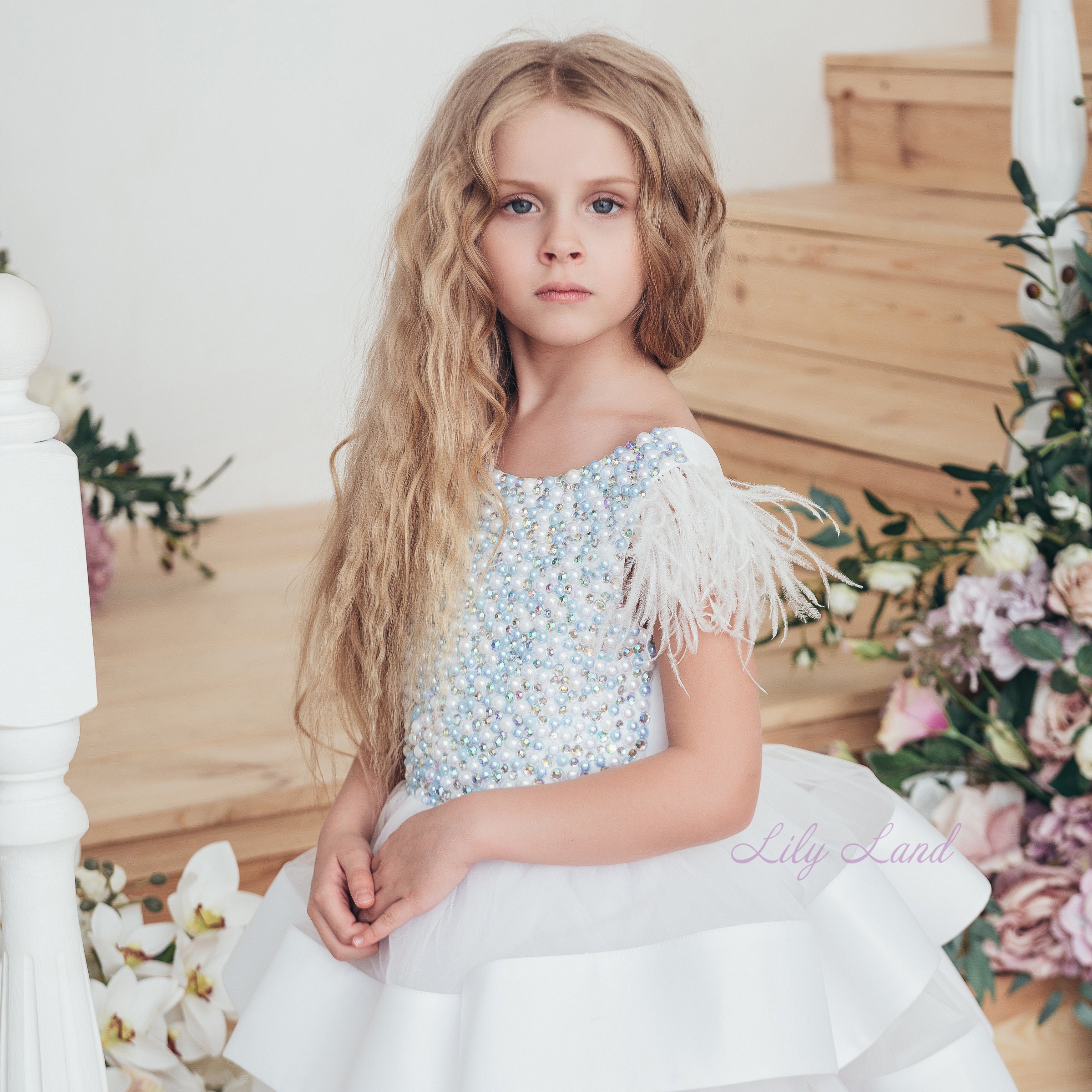 White Flower Girl Dress With Pearls Birthday Girl Dress Tutu Etsy