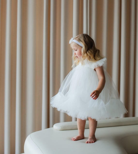 Ivory White Birthday Baby Girl Dress, Baptism, First Communion, Flower Girl, Formal Toddler Apparel, Infant Tutu Tulle Dress, Wedding Guest