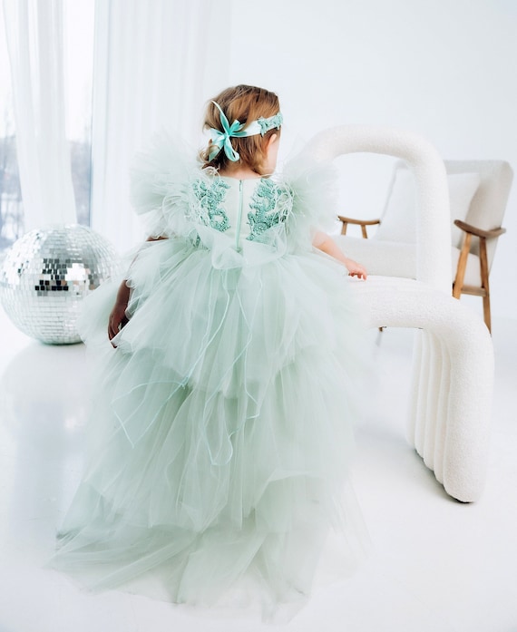 Flower Girl Dress with Train, Light Green Birthday Girl Dress, Bead Lace, Multilayered Boho Dress, Prom Gown, Pageant Toddler Dress Flower Girl Dress with Train, Light Green Birthday Girl Dress, Bead Lace, Multilayered Boho Dress, Prom Gown, Pageant Toddler Dress