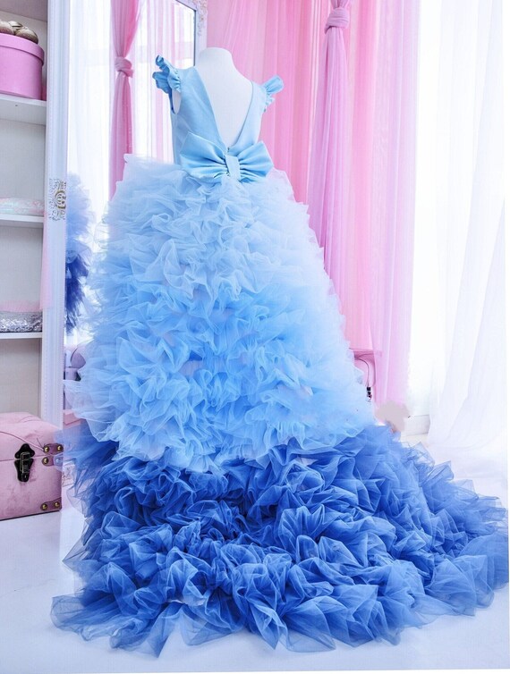 flowing blue dress for 12 year old girl Ombre Flower Dress, Birthday Girl Dress, Hi Lo Tulle With Train, Formal Event Gown, Prom Dress dress30