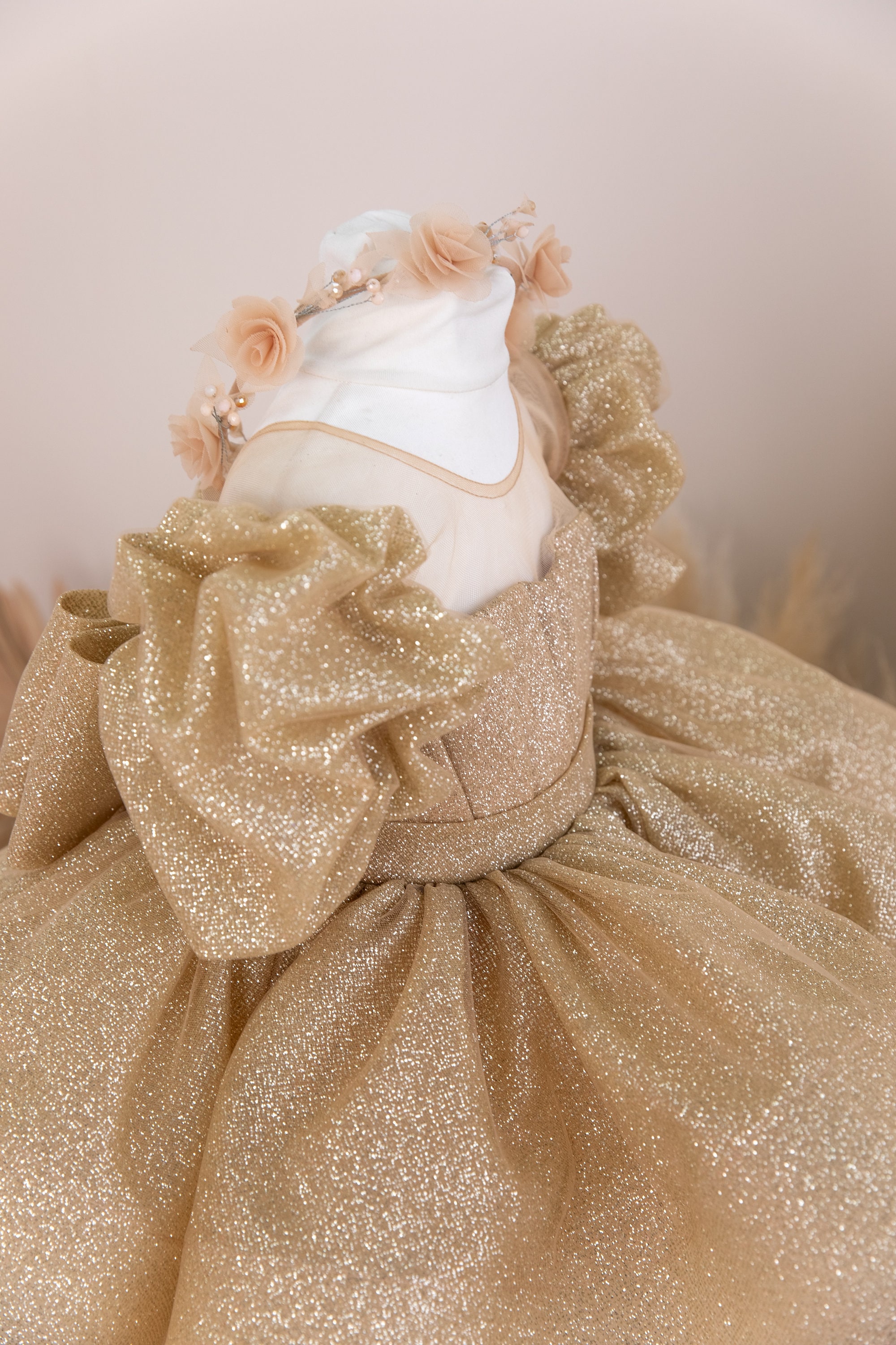 Pink Birthday Baby Girl Dress, Flower Girl, Party Toddler Dress, Pearls Glitter Graduation Gown, Puffy Sleeve, Big Bow, Special Ocassion, image size:2000x3000