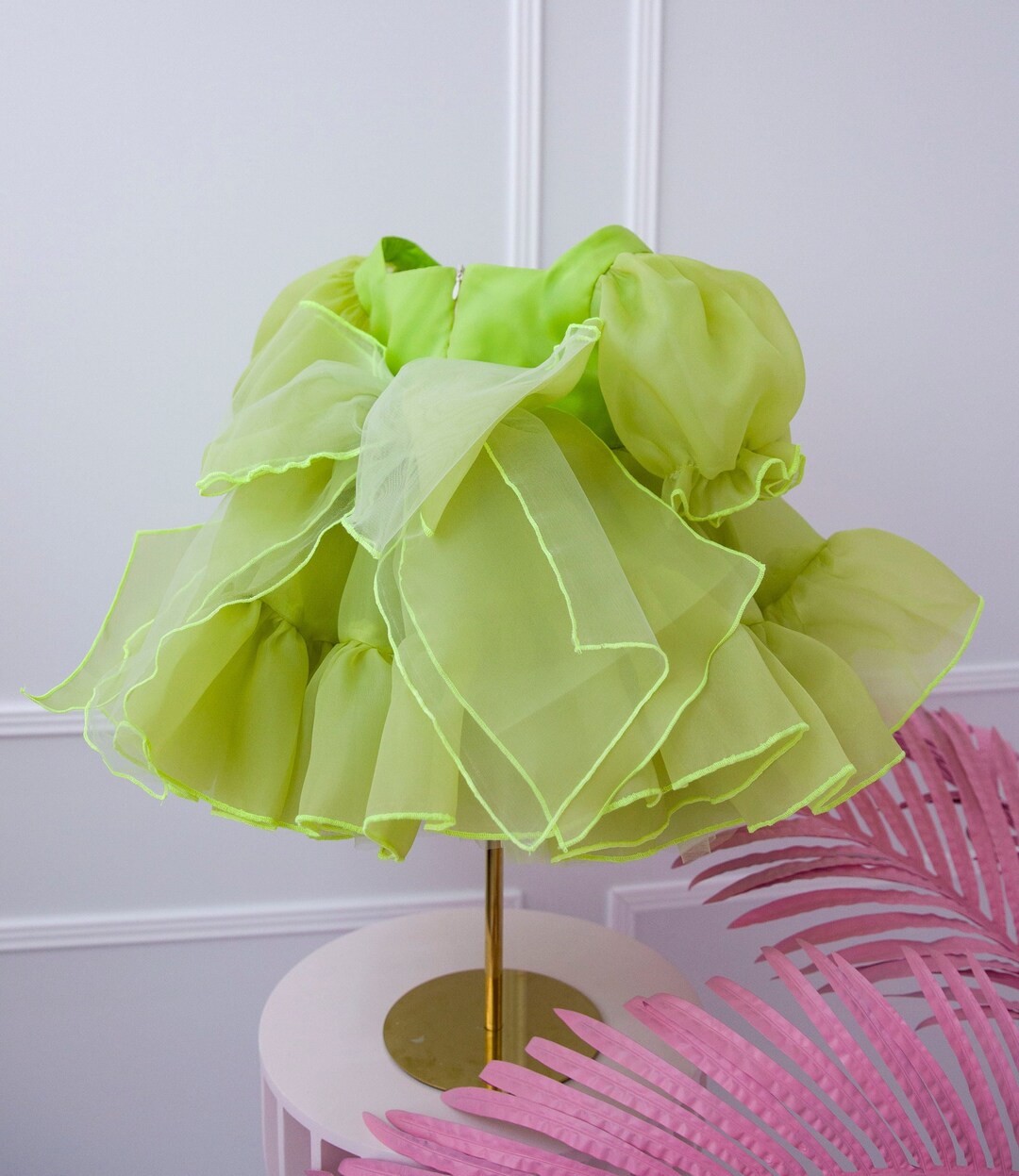 Birthday Toddler Dress, Yellow Green Flower Girl, Puffy Knee Prom Gown
