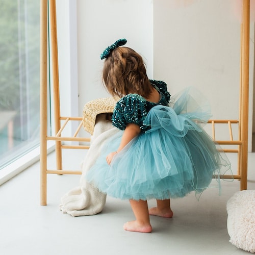 Turquoise First Birthday Dress, Photoshoot Baby Girl Gown, Sparkling Pageant Dress, Graduation, Toddler Tutu Smash Cake Outfit, Sequin Dress