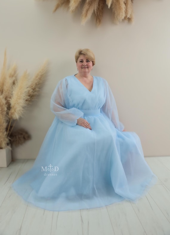 light blue formal dress plus size Long Pleated Plus-Size Formal Dress with Long Sleeves Rose Gold / 22