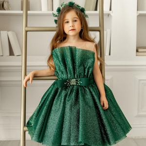 Emerald Green Wedding Guest, Girl Birthday Dress Graduation Sparkling Shimmering Corset Prom Smash Cake Outfit Photoshoot Formal Event