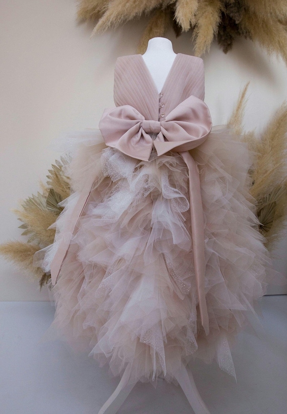 maxi baby girl ceremony dress Flower Girl & Prom Ball Gown, Ivory Cream Maxi Dress With Train, First Communion, Long Sleeve, Birthday Girl Dress, Pageant Toddler Dress