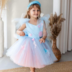 Vestido de sereia para aniversariante, vestido estilo marinho azul e pêssego, vestido infantil para concurso de beleza, aplique de pérolas e conchas, vestido de bebê para ocasiões especiais