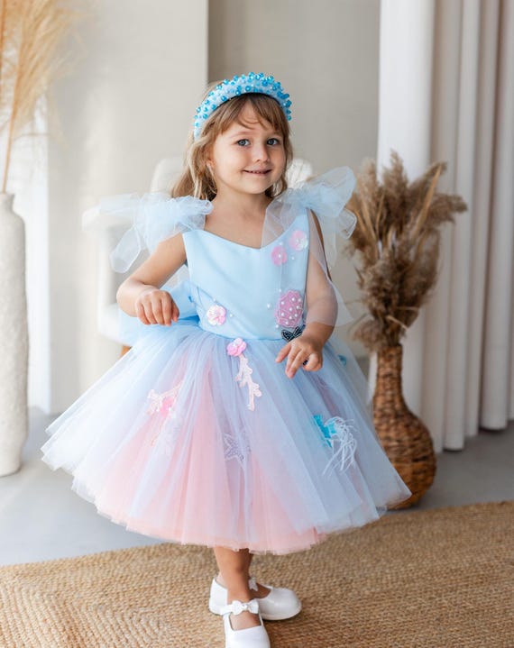 Mermaid Birthday Girl Dress, Blue & Peach Marine Style Dress, Pageant Toddler Dress, Pearls Shell Fish Applique, Special Occasion Baby Gown Mermaid Birthday Girl Dress, Blue & Peach Marine Style Dress, Pageant Toddler Dress, Pearls Shell Fish Applique, Special Occasion Baby Gown