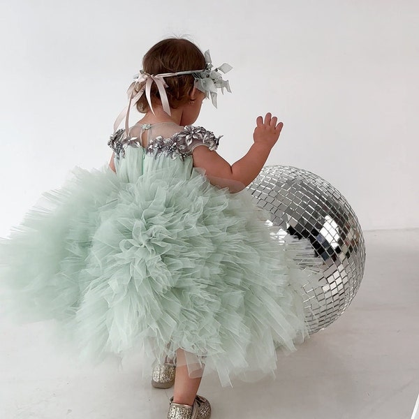 Sage Green Birthday Girl Dress, Tulle Flower Girl Dress, Tutu Ruffles Toddler Dress, Floral Lace Prom Ball Gown, Special Occasion Outfit