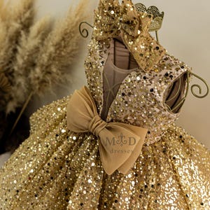 Gold Shinning Birthday Girl Dress, Flower Girl Dress, Sequined Toddler Gown, Prom, Pageant Party Dress, Special Occasion Baby Dress