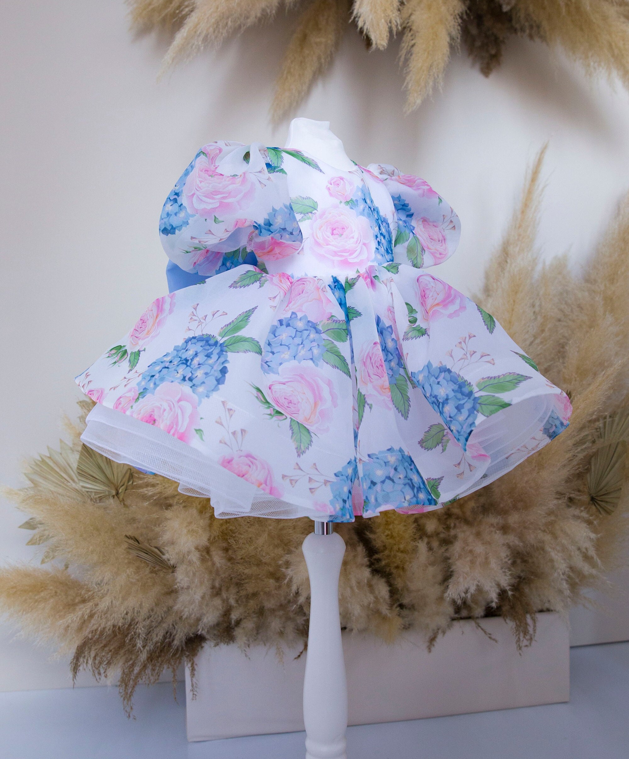 Azul Pink Blue & Pink Birthday Baby Girl Dress, Floral Pattern Toddler Dress ...