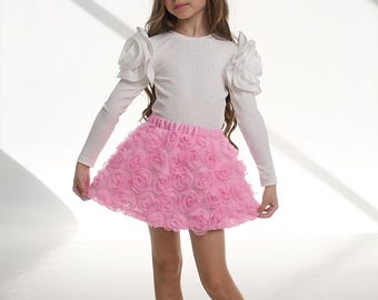 Pink 3D Rose Skirt, Fluffy Toddler Tutu Skirt, Kids Birthday Party Outfit, Flower Girl Rosette Skirt, Textured Tulle Skirt for Dance Parties