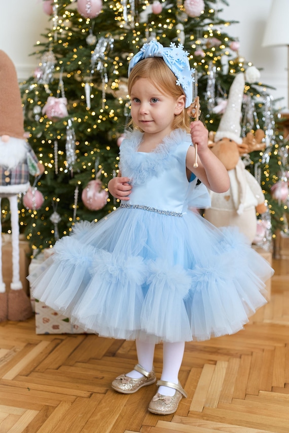 Sky Light Blue Birthay Dress, Flower Girl, Pageant Tulle Satin Prom Gown, Special Event Princess Outfit, Xmas Snowflake Holiday Photoshoot