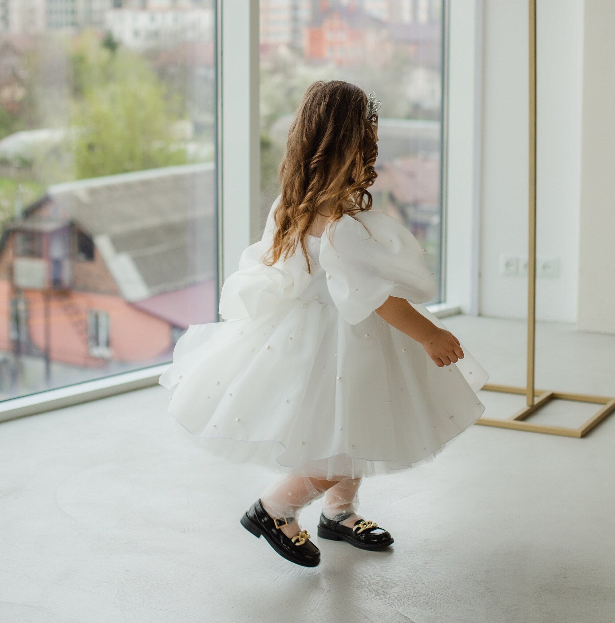 BNY Corner Pearl Rhinestones Illusion Flower Girl Dress – First Communion, Formal Gown - View #4