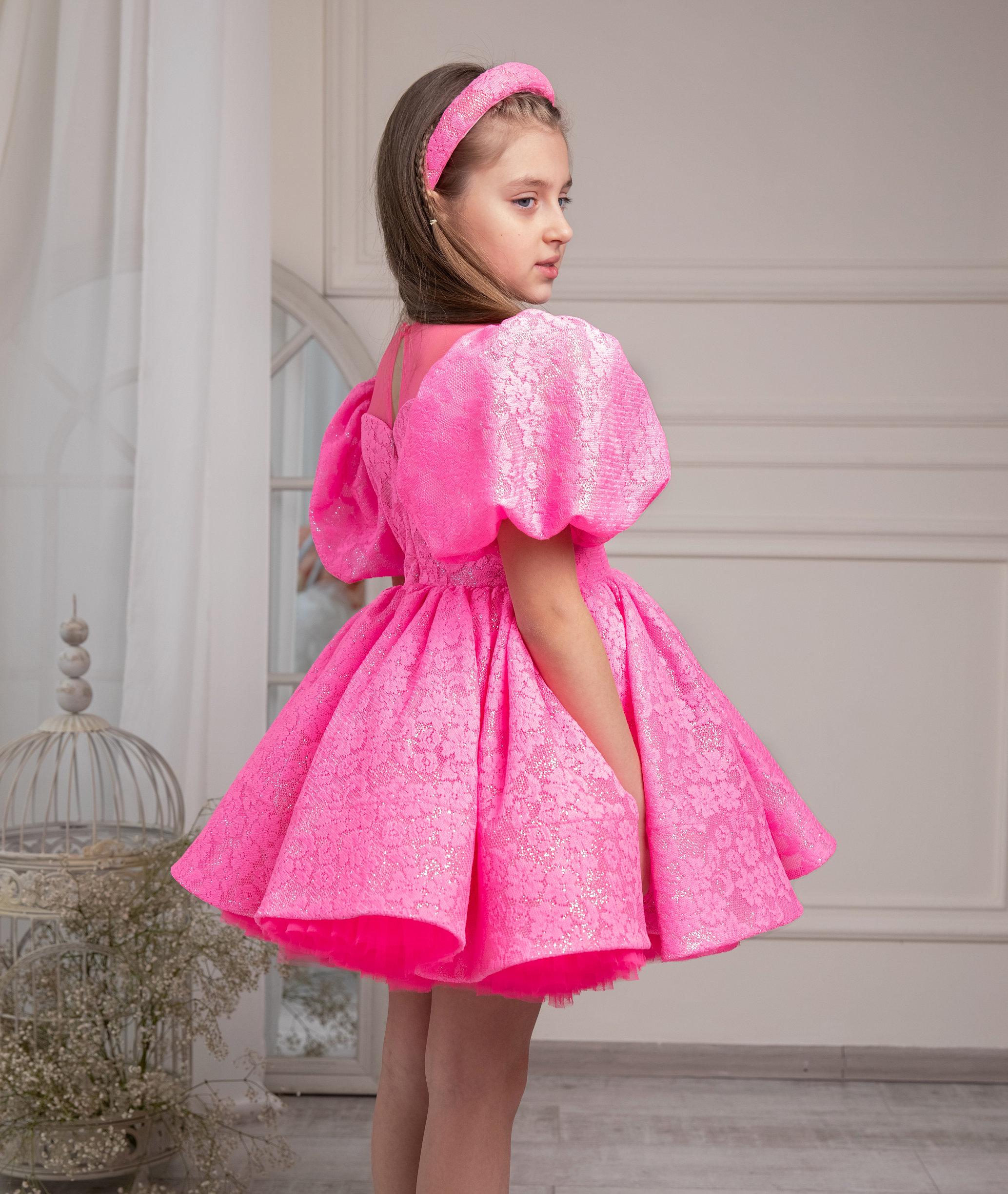 Lace Birthday Girl Dress, Bright Pink Shinning Pageant Dress
