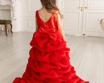 Red Flower Girl Dress Gown With Train Birthday Girl Dress Red Pageant Dress Low High Dress Red Sparkling Dress Ruffle Graduation Princess