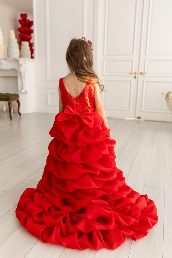 Red Flower Girl Dress Gown with Train Birthday Girl Dress Red Pageant Dress Low High Dress Red Sparkling Dress Ruffle Graduation Princess