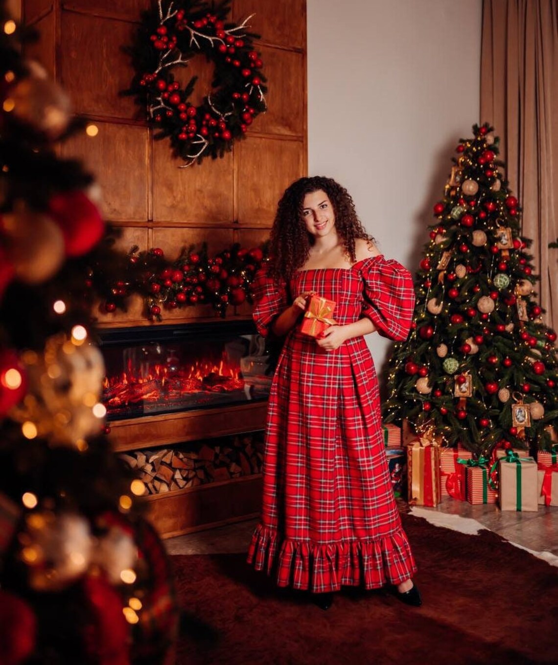 Red Plaid Christmas Dress Woman Maxi Dress Xmas Photoshoot Etsy