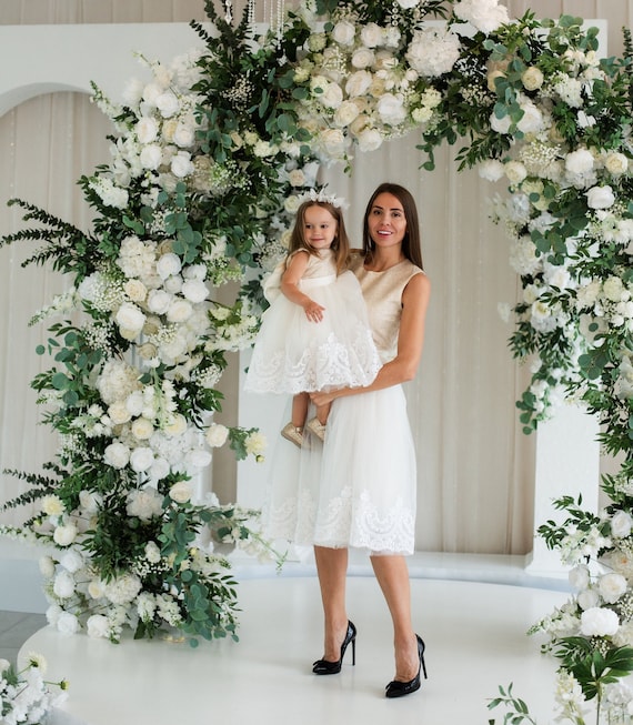 Mother Daughter Dresses Matching Wedding Guest Prom Junior Bridesmaid Baptism Ivory Lace Dress Gold Glitter Top Photoshoot Gown Etsy