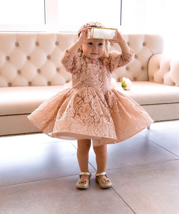 beige toddler dress long sleeve Beige Lace Toddler Party Dress, Formal, Graduation Tutu Gown, Long Sleeve, Birthday Baby Dress, Flower Girl, Photoshoot, Special Occasion