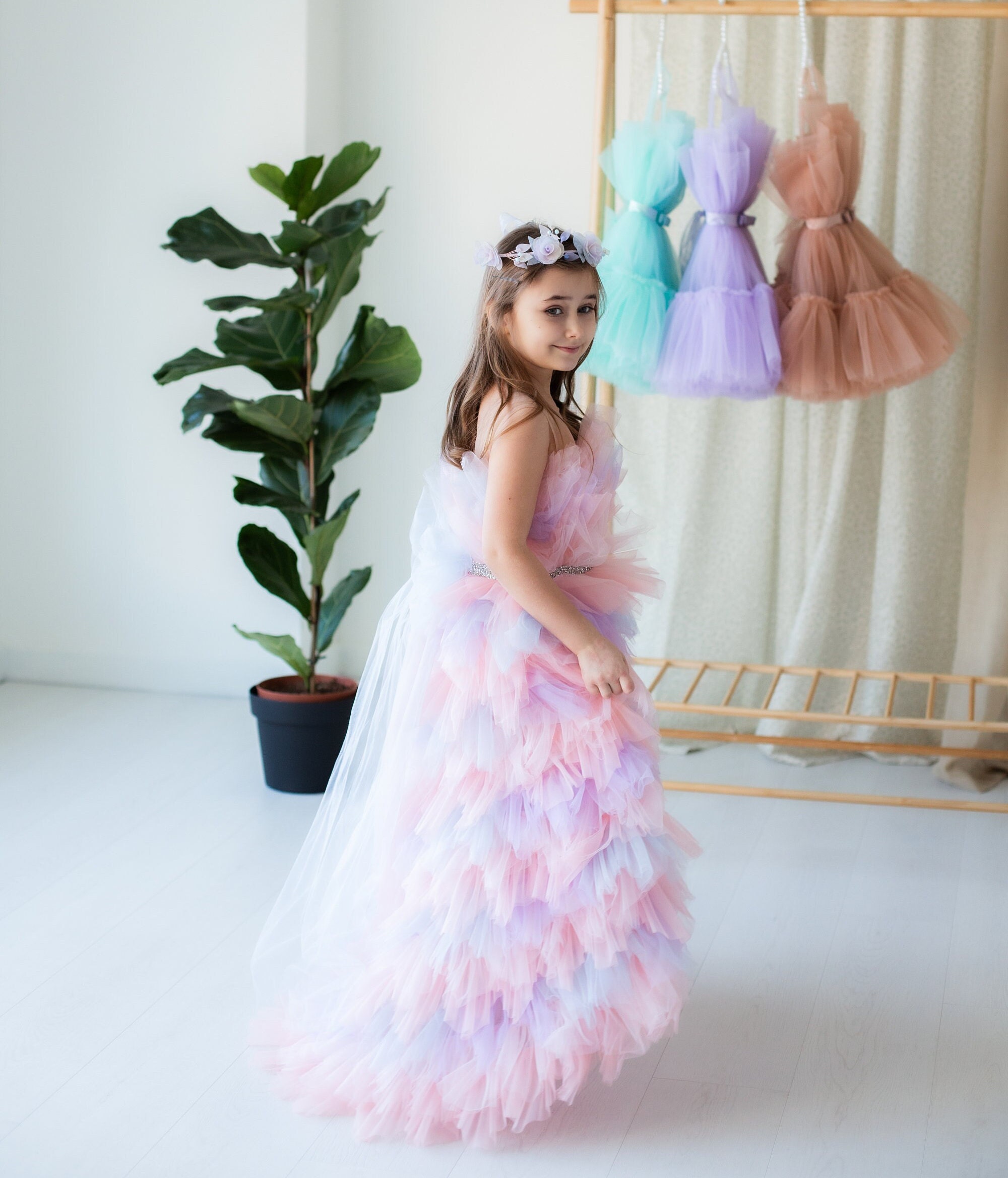 Abito Lungo Festa Per Ragazza Damigella D'Onore – Vita Alta, Pizzo, Tulle E Satin – Taglie 92-164 - 3