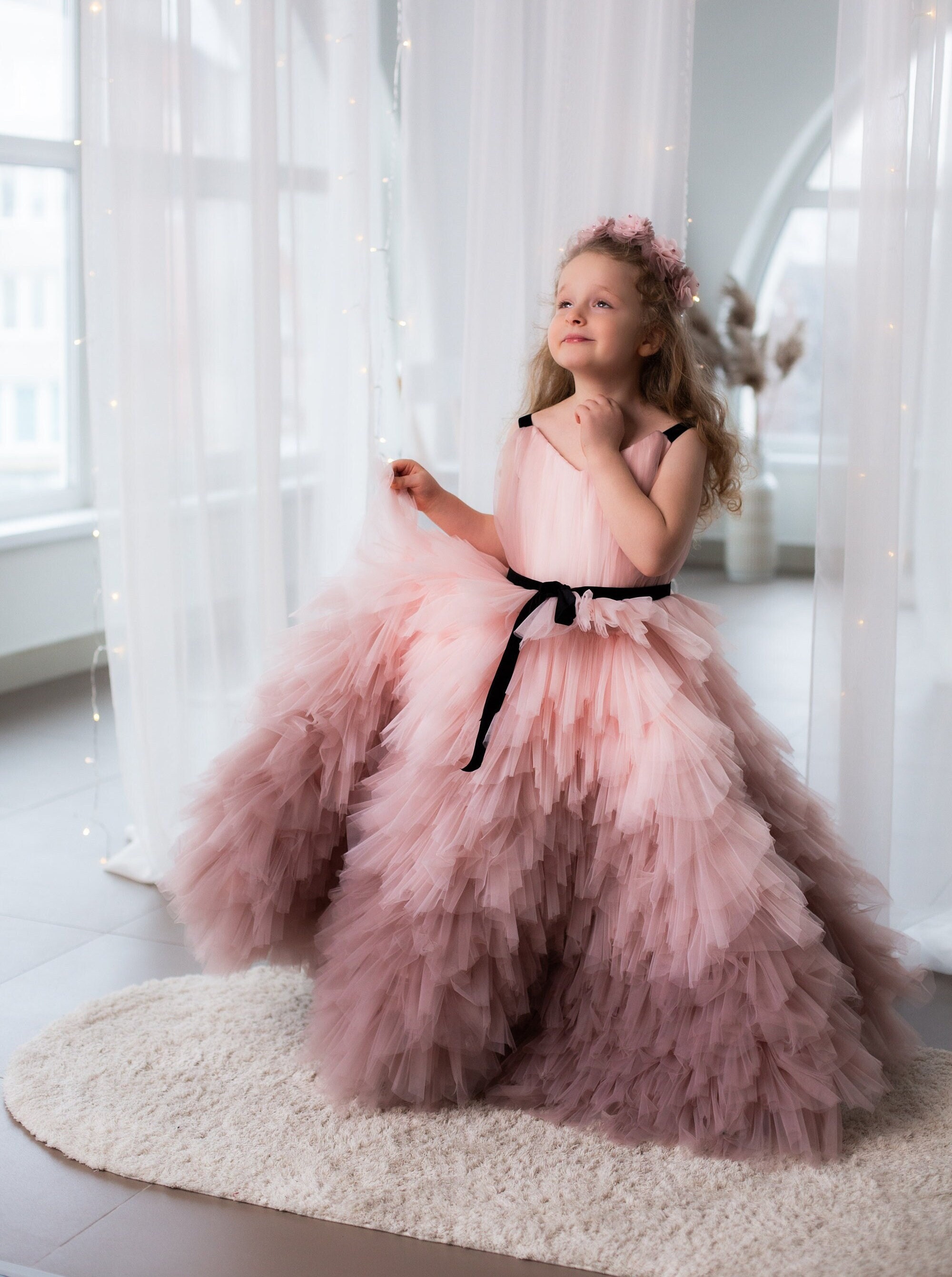 Maxi Puffy Dusty Rose Flower Girl Prom Gown Multilayered Ruffles Birthday Party Toddler Dress Photoshoot Pageant Ombre Baby Dress