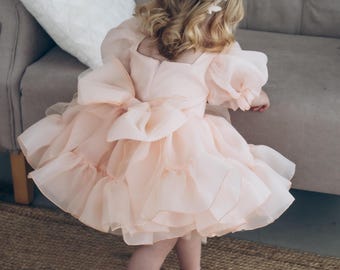 Peach Blush Birthday Party Baby Dress, Flower Girl, Puffy Toddler Dress, Tutu Prom Gown, Dance Girl Dress, Special Occasion Dress