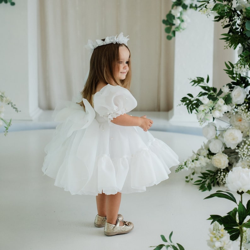 Weiß Erstkommunion & Blumenmädchen Kleid, Taufe, Geburtstags-Mädchen-Kleid, Besonderes Ereignis, Tutu Knie-Baby-Kleid, Perlen bestickt Abschlussball-Outfit Bild 2