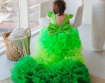 Hot Green Ombre Baby Birthday Dress, Flower Girl Dress With Sweep Train, Puffy Prom Ball Gown, Multilayered Toddler Special Occasion Dress