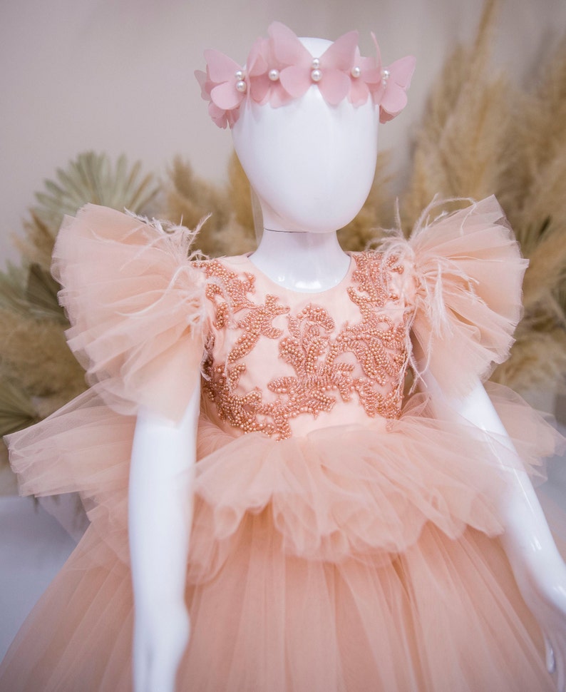 Peach Flower Girl Dress Birthday Girl Dress Tulle Flower Etsy