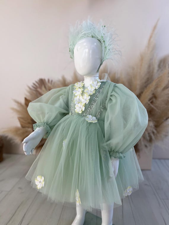 Green Party Girl Gown, Birthday Baby Dress, Toddler Dress, Tulle Flower  Girl Dress, Baptism Dress, Sequin Applique, Floral Spring Dress - Etsy