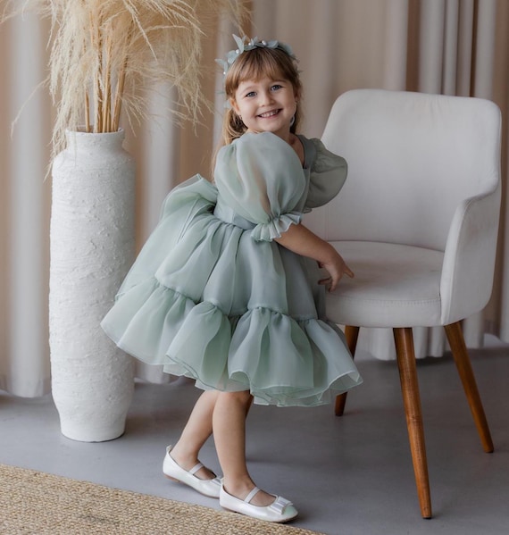 sage green poofy dress Sage Green Tulle Cottagecore Dress Puffy Sleeves main image 1