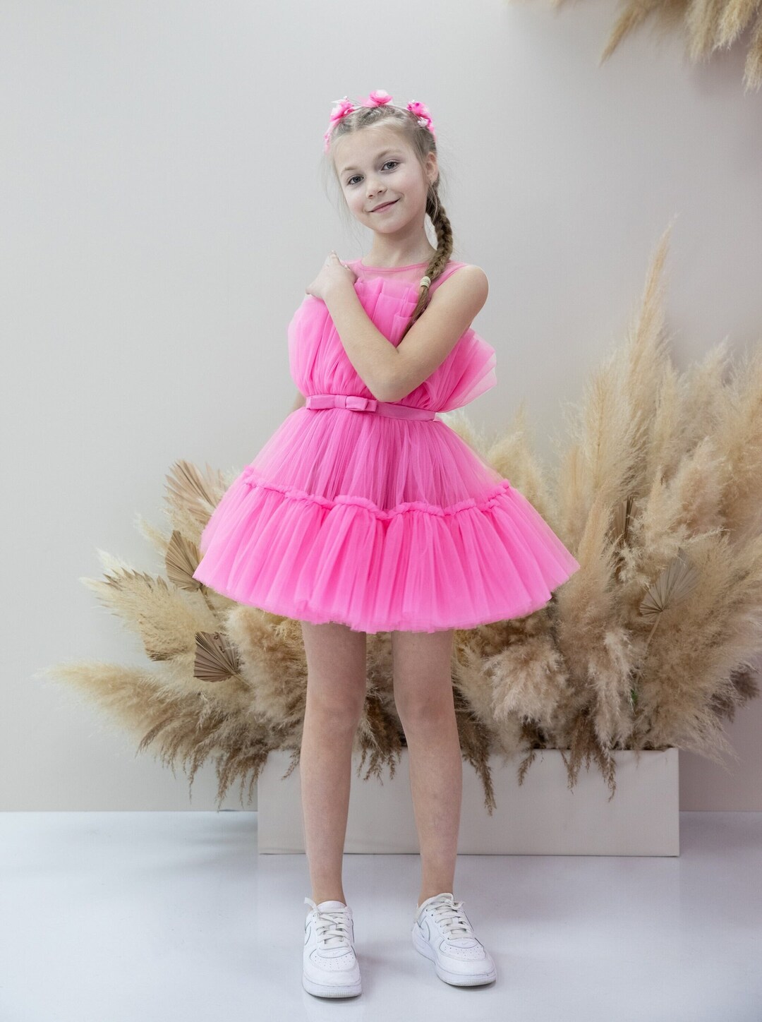 Nayan Blush Pink Long Tulle Birthday Party Dress for Girls