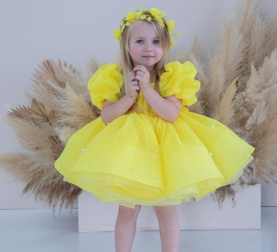 Yellow Sparkling Tutu Birthday Baby Dress, Princess Puffy Dress, Birthday Gift for Girl, Party Toddler Wear, Pageant Gown, Graduation Dress